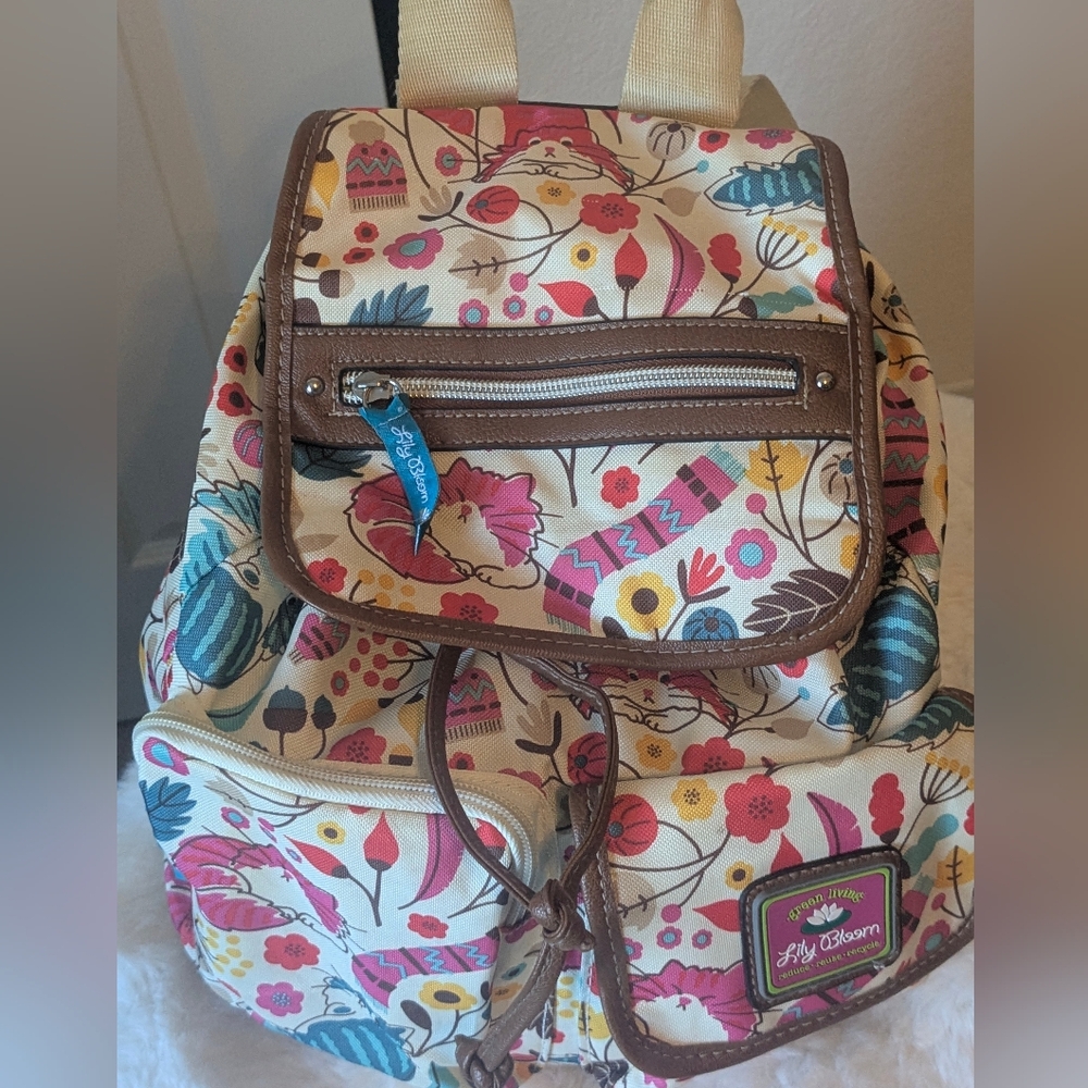 Lily Bloom Floral Cat Print Eco Friendly Backpack Travel School Daypack